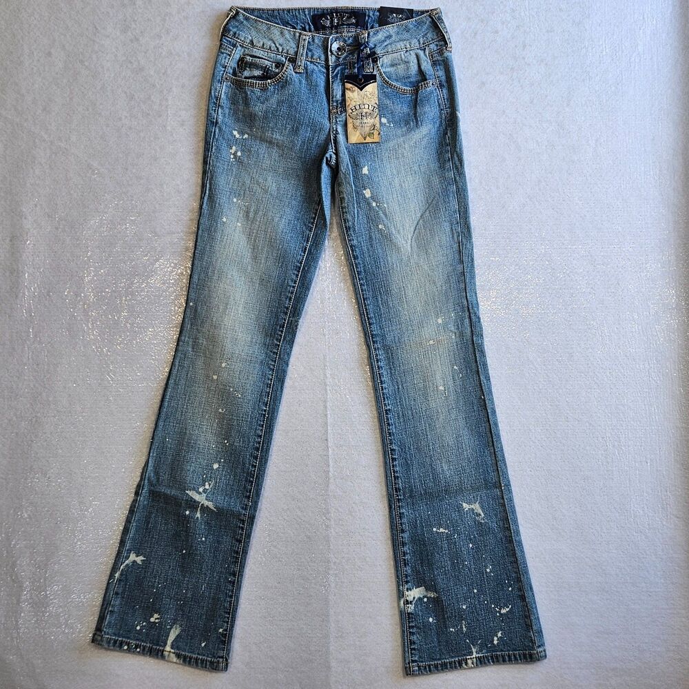 Hint Jeans Women Sz 1 Blue Boot Cut Bleach Splatter Look Y2K Festival Hippie New
